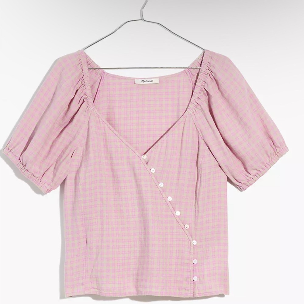 Puff-Sleeve Button Wrap Top in Plaid